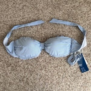 Blue and white striped bandeau swim top